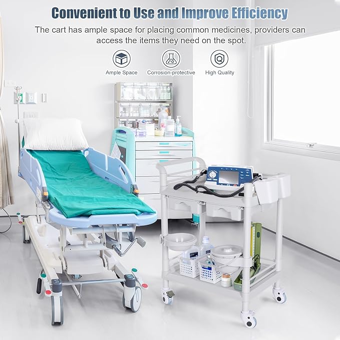 Medical Carts with Wheels 2 Tier Mobile Esthetician Cart 220 LBS Load Hospital Trolley Cart for Ultrasound Scanner Utility Cart with Bucket Sharp Box Storage Basket for Beauty Salon Dental Clinic Home