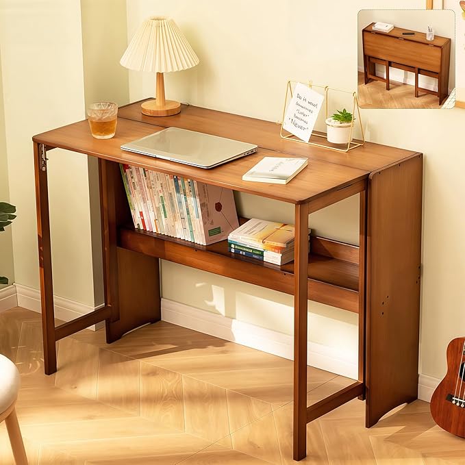 Bamboo Folding Desk Mid Century Modern Desk for Home Office Bedroom Small Spaces, Brown，40.55" Long Desktop