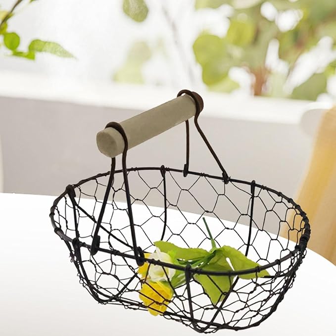 Wire Egg Basket with Wooden Handle Rustic Snack Basket Kitchen Storage Vintage Vegetables Basket for Farmhouse Decor- Black