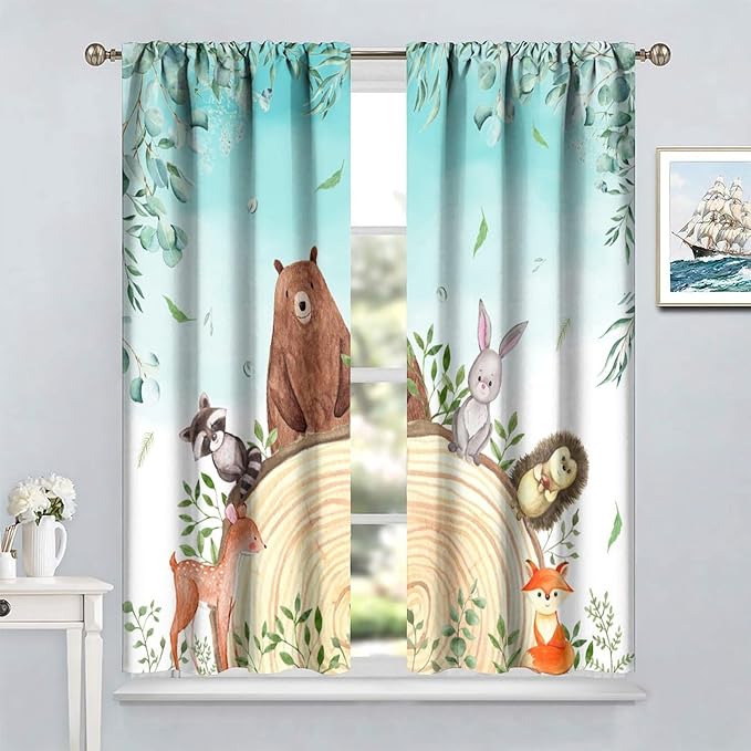 Kids Forest Animal Curtains, Woodland Animal Window Treatments Fox Deer Bunny Wildlife Safari Jungle Bear Farmhouse Window Drapes for Girls Boys Nursery Bedroom 42x63in