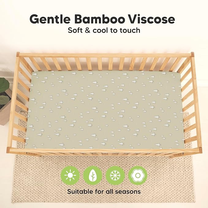 2-Pack Waterproof Baby Crib Sheets for Boys, Girls - 52x28 Viscose Derived from Bamboo Toddler Bed Sheet Neutral, Fitted Crib Mattress Protector Cover for Baby Bedding, Soft & Gentle (Pine Grove)