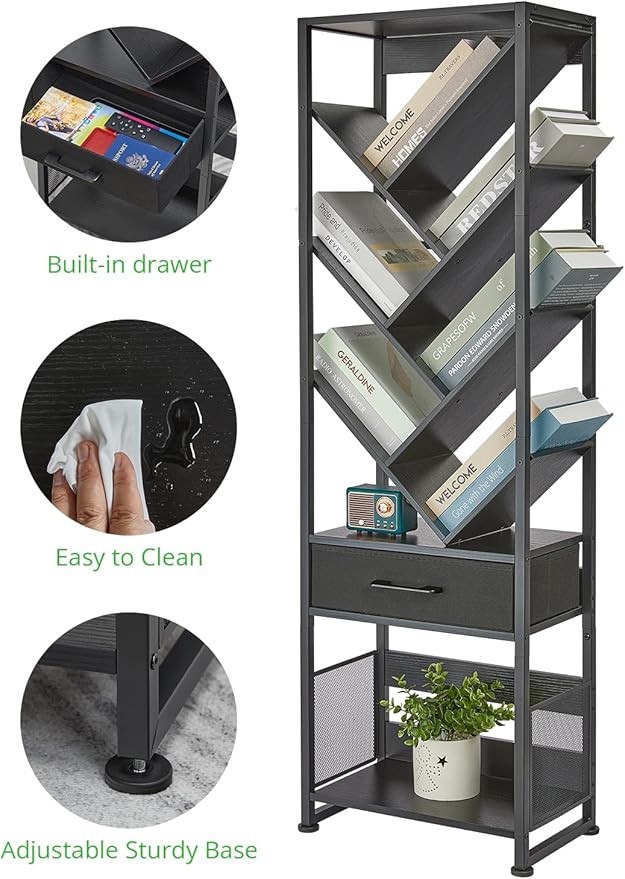 Bookshelf with Drawer,10 Tier Tree Bookcase Retro Floor Standing Bookshelves,Tall Wood Bookcases with Cabinet Storage Organizer for Living Room, Bedroom & Home Office, Black