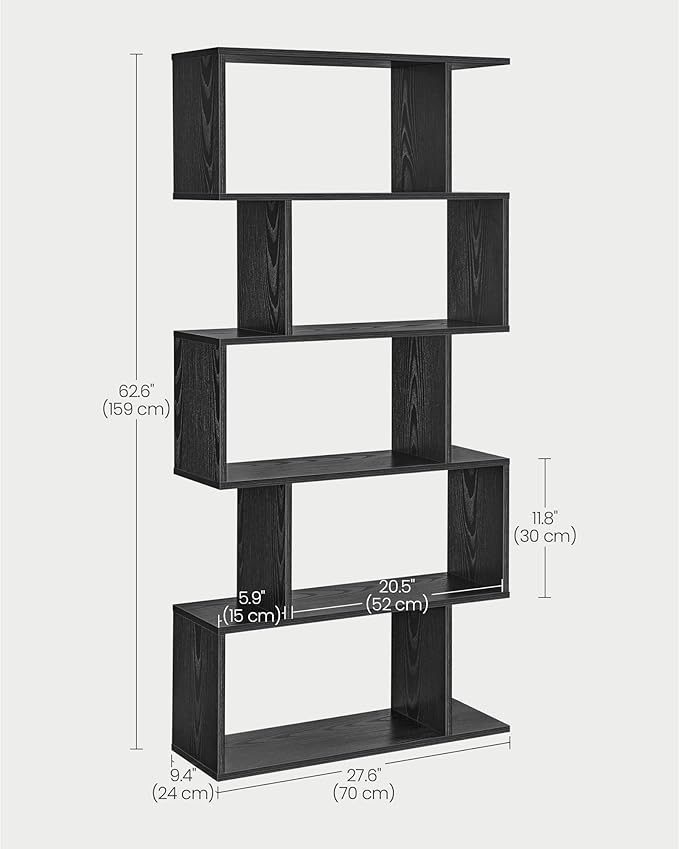 VASAGLE Bookshelf, 5-Tier Bookcase, Tall Display Shelf, Freestanding Storage Shelf, Room Divider, for Home Office, Living Room, Bedroom, Study, Ebony Black ULBC062T56
