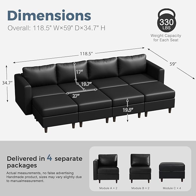 118.5" Luxury Modular Sleeper Sofa Bed with Storage Seat, 8 Seat Sectional Couch Deep Seat with Reversible Chaises & Removable Cover - Black Faux Leather