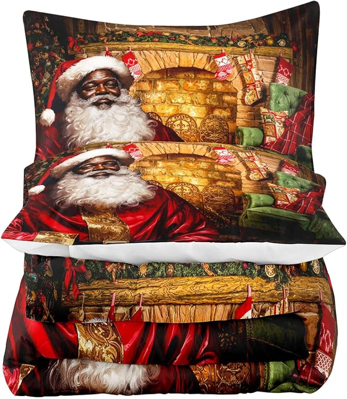 LUVIVIHOME 3PCS Christmas Comforter Set, King Size, Funny Black Santa Claus Bedding, Xmas Merry Christmas Bedroom Decor for Kids Boys Girls Teens, African American Decorations, 1 Pillow Case
