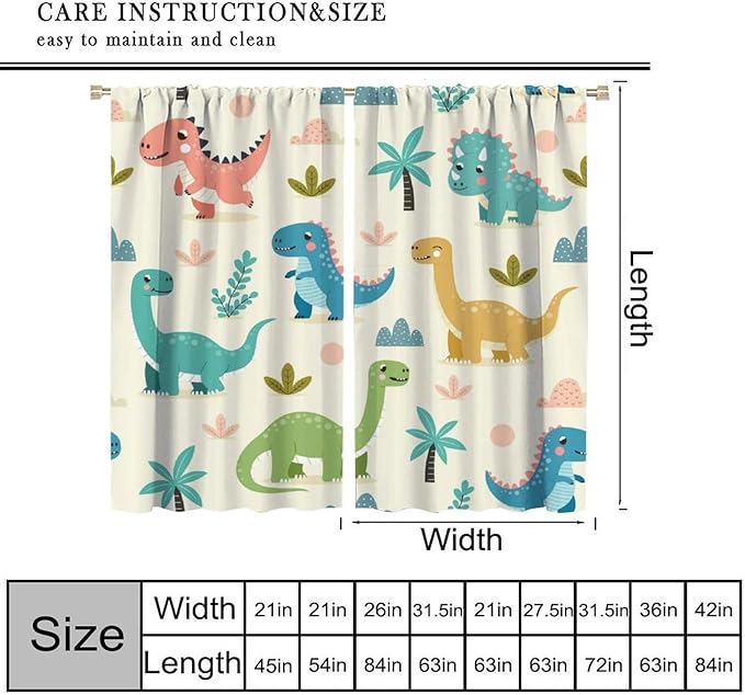 Fun Dino Curtains, Cute Colorful Dinosaur Pattern Blackout Window Treatments, Rod Pocket Thermal Insulated Drapes 2 Panel Sets for Children Boys Bedroom Nursery Classroom, 72" W X 63" L