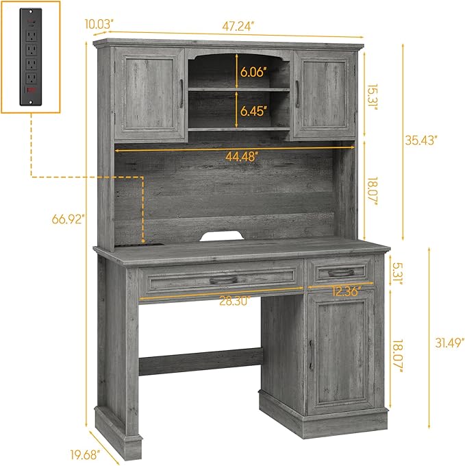 Farmhouse 47" Executive Desk with Hutch, 2 Drawers and LED Light, Computer Desk with Storage Cabinet and Charging Station,Workstation for Home Office and Study.Grey