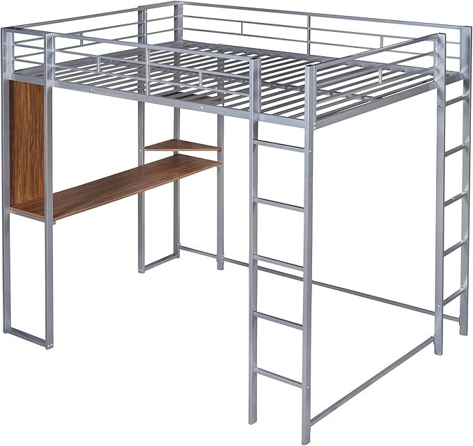 Full Size Metal Loft Bed with 2 Storage Shelves and 1 Desk,Steel Structure Bed Frame W/ 2 Build-in Ladders & Full-Length Guardrails,No Box Spring Needed,for Kids Teens Adults,Silver