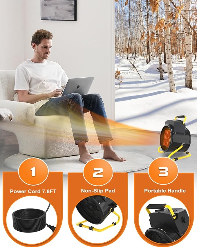 Outdoor Heaters for Patio-1500W Portable Electric Garage Heater with 2S Fast Heating, Overheat Protection, Thermostat, Space Heaters for Outdoor, Greenhouse, Room, Garage, Tent, Indoor Use