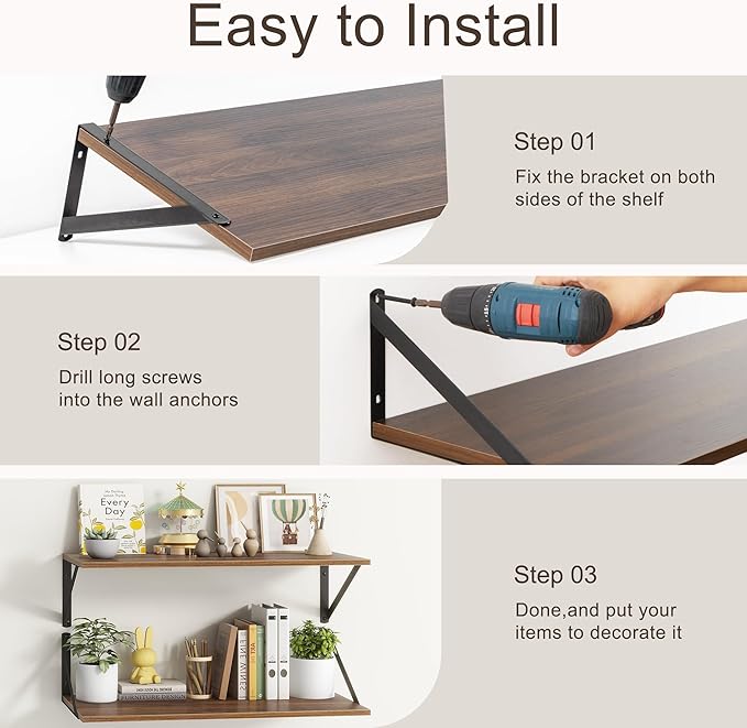 36"W x 10"D Floating Shelves, 10 Inch Deep Walnut Floating Shelves, Farmhouse Rustic Deep Wall Shelves for Home Decor, Wide Large Floating Shelf for Bathroom, Living Room, Kitchen, Study Room