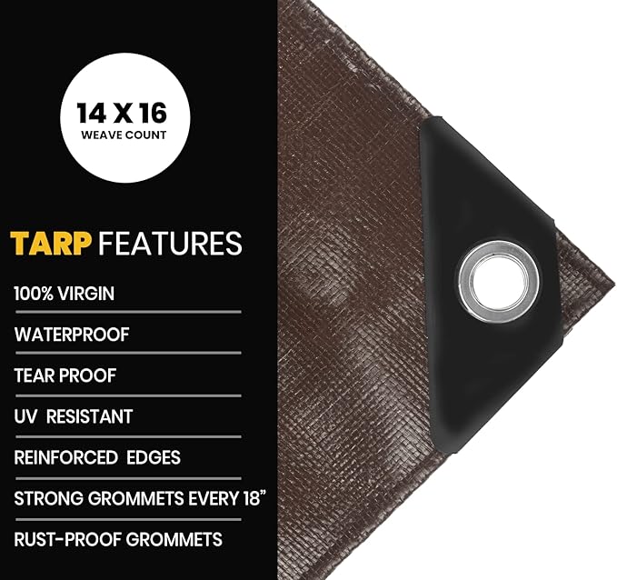 PROTARP Extra Heavy Duty 16 Mil Tarp Cover, Waterproof, UV Resistant, Rip and Tear Proof, Poly Tarpaulin with Reinforced Edges for Roof, Camping, Patio, Pool, Boat. (Brown/Black 24′ X 64′)