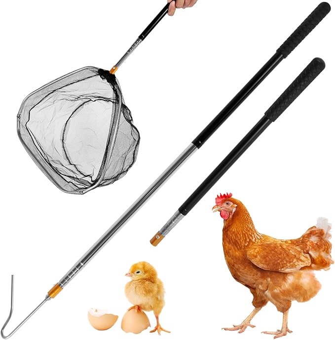 Telescopic Chicken Net and Chicken Catcher Leg Hook, 58.5 Inch Long Chicken Net with Non Slip Rubber Handle Small Chicken Catching Net Poultry Hook Chicken Catcher with Hook Head for Outdoor