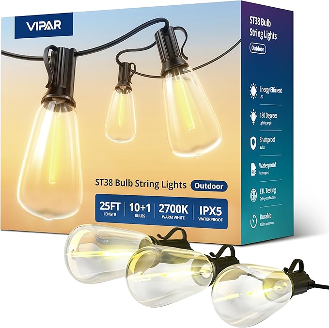VIPAR Outdoor String Lights 25FT LED Patio Lights IPX5 Waterproof