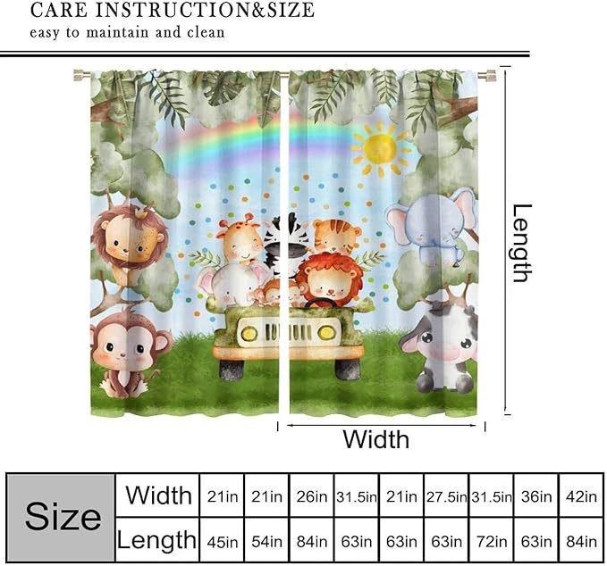 Woodland Kids Curtains Rustic Woodland Wild Animals Watercolor Forest Rainbow Sun Window Draeps for Baby Girls Boys Kids Nursery Bedroom Living Room 2 Panels, 42x45 Inch