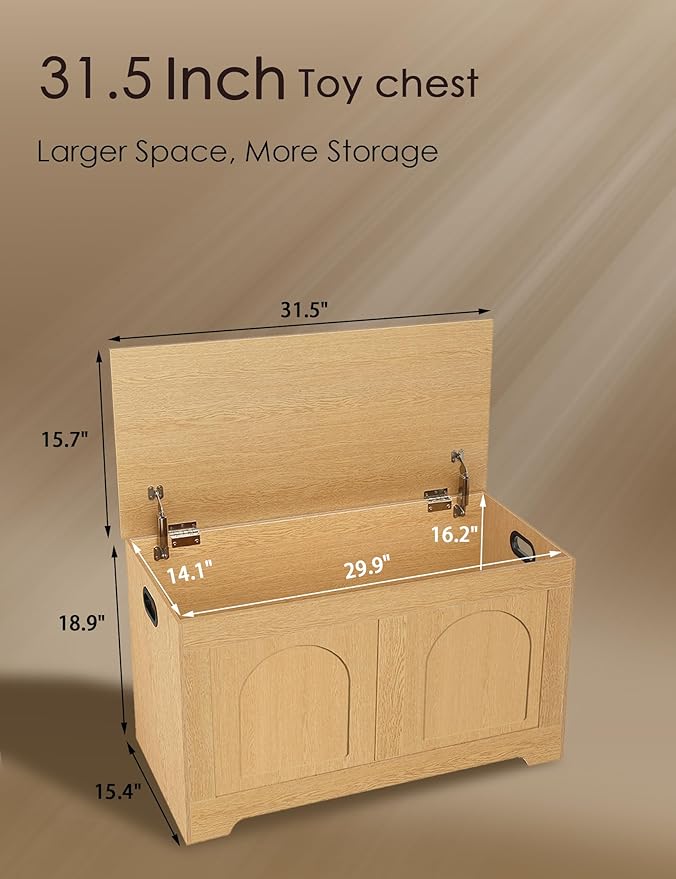 DINZI LVJ Storage Chest, 31.5”Wooden Toy Box with 2 Safety Hinges, Entryway Storage Bench with Flip-Top, Sturdy Storage Trunk for Living Room, Bedroom, Easy Assembly, Natural