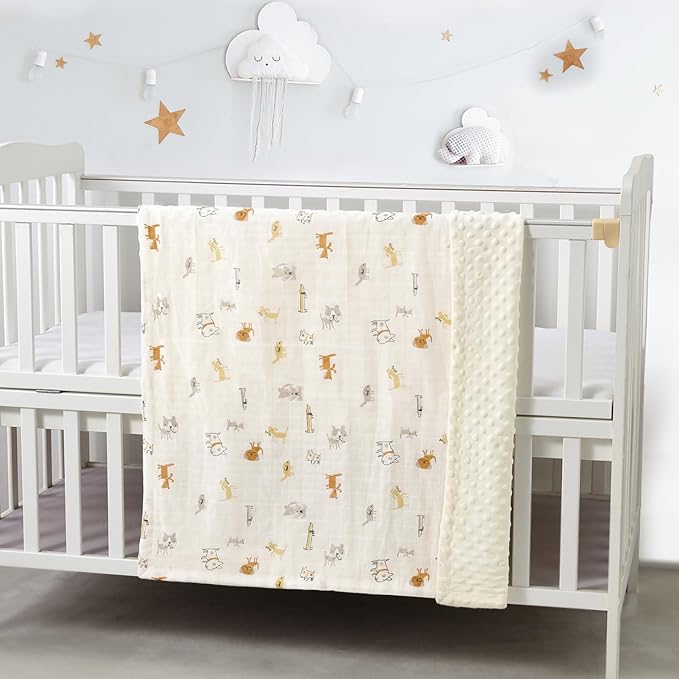 CREVENT 30''X40'' Organic Muslin Cotton Baby Blanket for Newborns, Soft Mink Backing, Essential for Baby Shower Birthday Gift - Animal 75X100cm