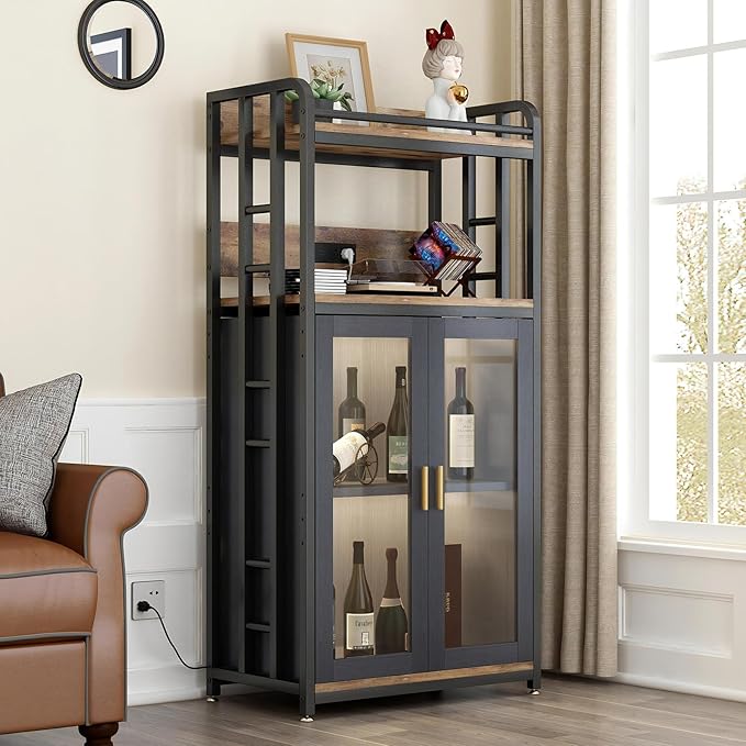 Adjustable 4-Tier Heavy Duty Kitchen Baker's Rack with Power Outlet, with Industrial Wheels, Free Standing Microwave Oven Cart Stand for Storage in Living Room, Garage, Rustic Brown