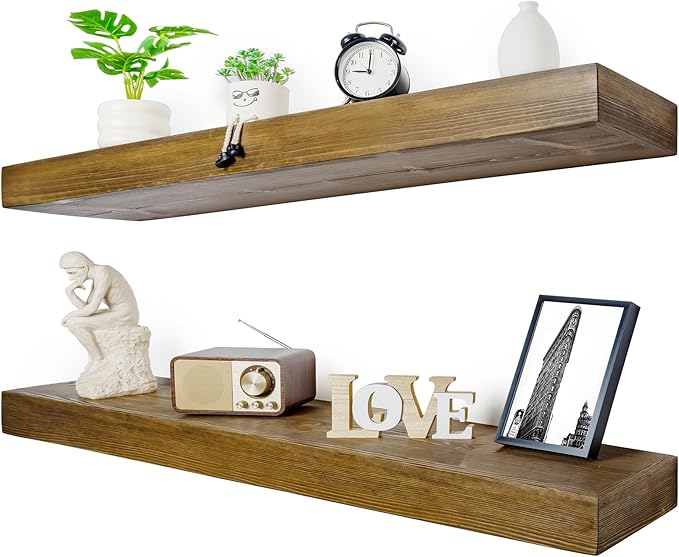 Floating Shelves 3 inch Thick for Wall Set of 2,Solid Pine Wood Wall Mount Shelf for Kitchen Living Room Bedroom Bathroom,8" D x 60" L x 3" H-Black Walnut