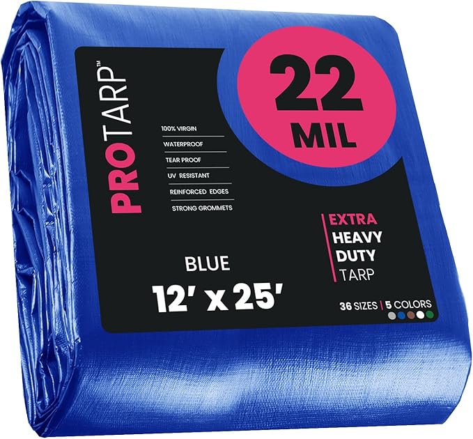 PROTARP Extreme Heavy Duty 22 Mil Tarp Cover, Waterproof, UV Resistant, Rip and Tear Proof, Poly Tarpaulin with Reinforced Edges for Roof, Camping, Patio, Pool, Boat. (Blue 12′ X 25′)