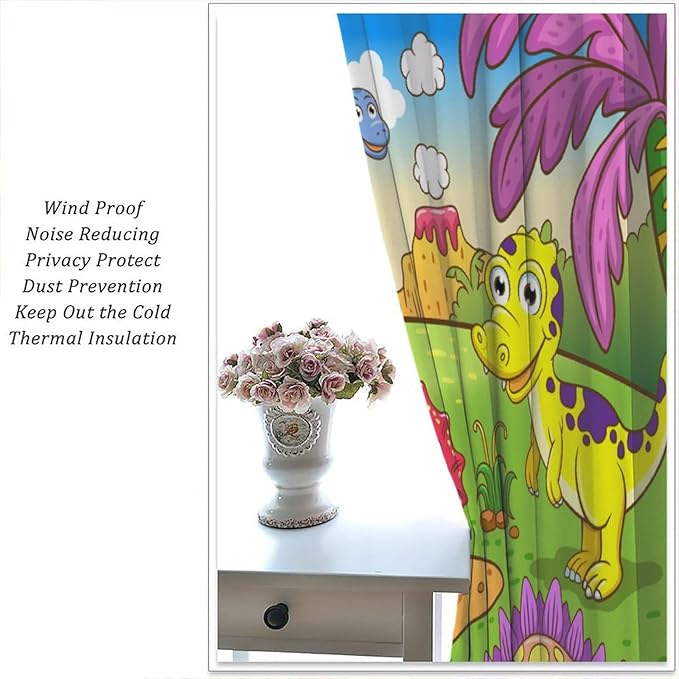 Cute Dinosaur Curtains, Colorful Cartoon Dino Pattern Window Treatments, Rod Pocket Thermal Insulated Drapes 2 Panel Sets for Kids Bedroom Nursery Classroom, 42" W X 45" L【Decor】