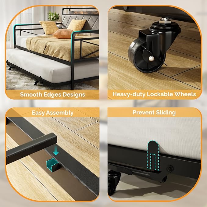 VINGLI Full Daybed with Trundle Bed, Upholstered Day Bed with LED Light &