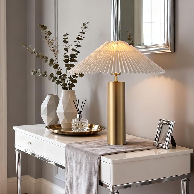 Modern Table Lamp with Metal Blade Lampshade and Cylindrical Base, E26 Bulb