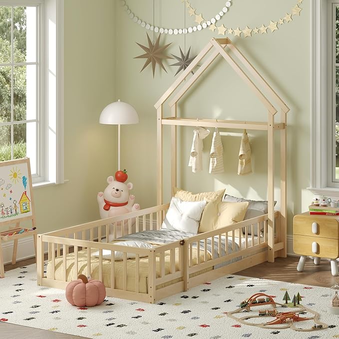 KOMFOTT Twin Size Floor Bed with House-Shaped Headboard, Kids Montessori Floor Bed with Detachable Clothes Hanger, Full Length Safety Guardrails, Door & Latch, Solid Wood Floor Bed Frame