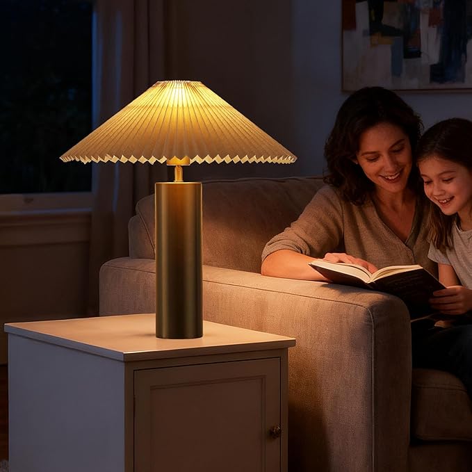 Modern Table Lamp with Metal Blade Lampshade and Cylindrical Base, E26 Bulb