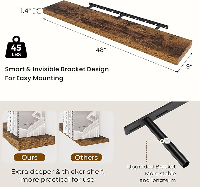 48 inch Floating Shelves for Wall Large Wall Mounted Shelves with Invisible Brackets, Brown Long Shelves for Bathroom, Living Room, Kitchen, Office, 48x9.1 inch deep Set of 2