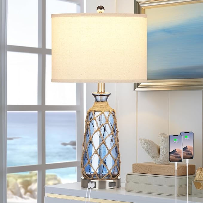 Coastal Glass Table Lamps, 3-Way Dimmable Touch Control Bedside Lamps with 2 USB Ports and AC Outlet, Blue Nautical Nightstand Lamps for Bedroom Living Room (LED Bulbs Included)