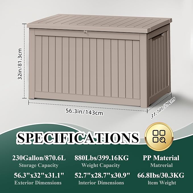 230 Gallon Resin Large Deck Box, Waterproof Outdoor Storage box for Patio Cushions, Garden Tools, Lockable (Brown)