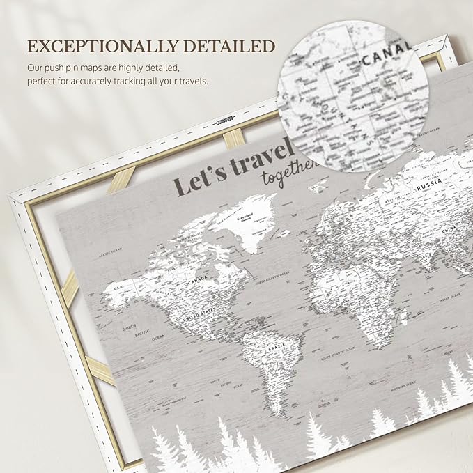 ElephantStock - Let's Travel II Push Pin World Map Wall Art - Horizontal Canvas Wall Art - Living Room Wall Decor - Digital Art Map Canvas Art - Gray And White Decor - 48" x 32"
