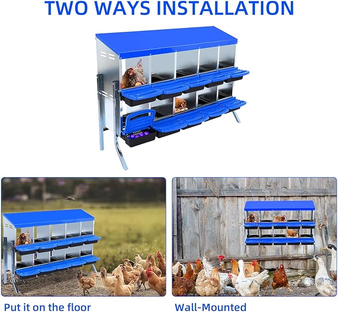 GarveeHome 2-Tier Chicken Nesting Box, 10 Compartment Metal Chicken Laying Boxes with Waterproof Roof ＆ Removable Trays for Hens, Poultry，Easy Egg Collection