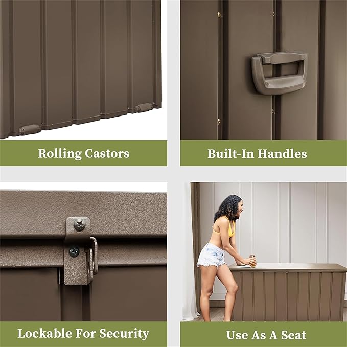 200 Gallon Outdoor Storage Deck Box with Lockable and Mobile Roller, Large Steel Container Bin with Waterproof and UV Resistant for Garden, Patio, Dark Brown