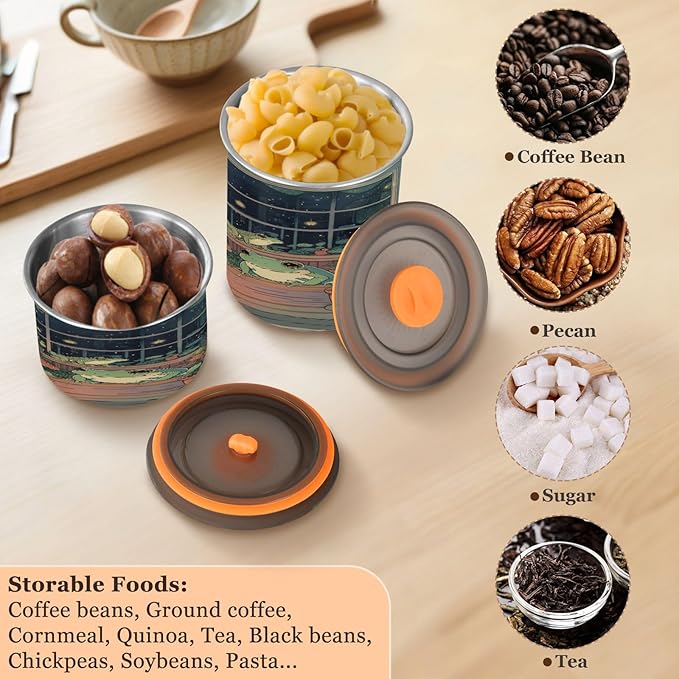 Coffee Canister Night Frog Farmhouse Airtight Stainless Steel Coffee Container, 17 OZ Food Storage Container for Coffee Beans, Ground, Sugar, Tea, Flour, Rice