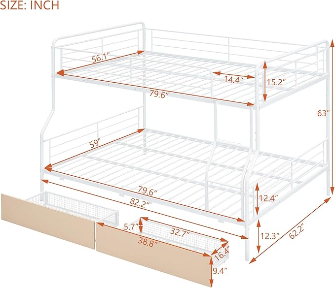 Full Over Queen Metal Bunk Bed with 2 Storage Drawers,Contemporary Iron-Crafted Bed Frame,w/Ladder & Full Length Gridded Guardrails,No Box Spring Needed,for Bedroom Guest Room,White