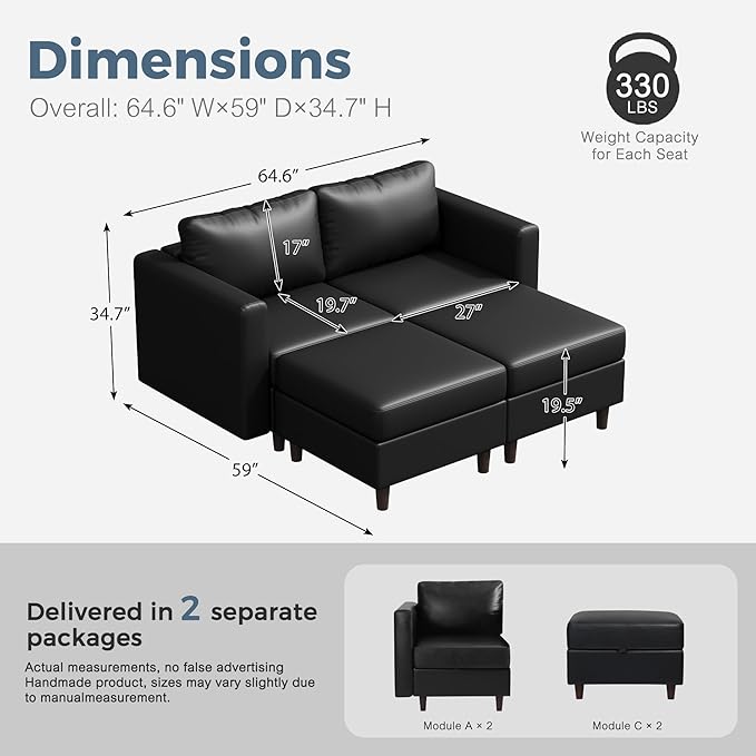 ABCASA 64.6" Faux Leather Loveseat Sleeper Sofa Bed with Storage Seat, Modern Modular Sectional Couch Deep Seat with Reversible Chaise 2-Seat Black for Apartment, Living Room, Bedroom