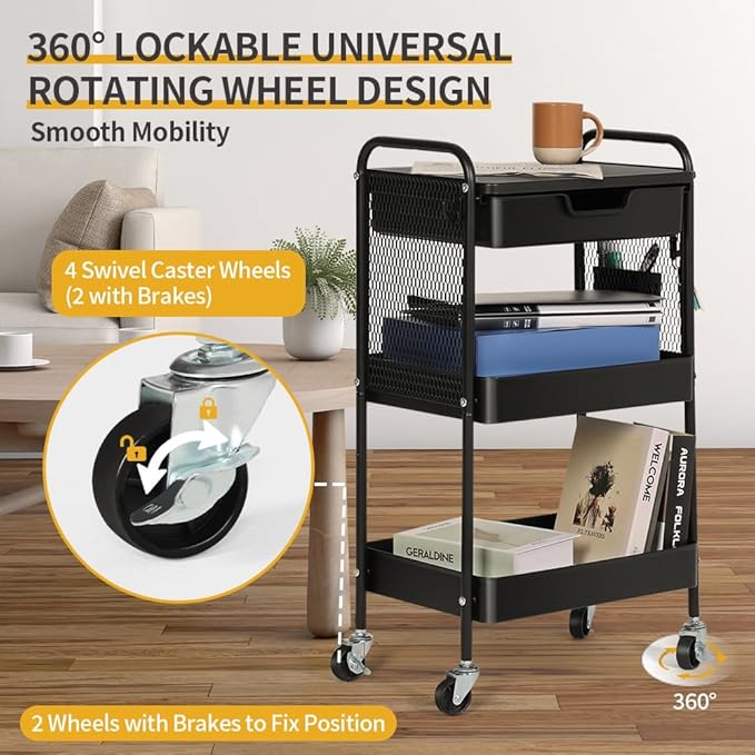 3-Tier Rolling Cart with Drawer, Metal Utility Storage Cart Organizer with Lockable Wheels&Hanging Cups&Hooks, Mobile Storage Craft Carts Trolley with Mesh Shelves for Kitchen, Office-Black