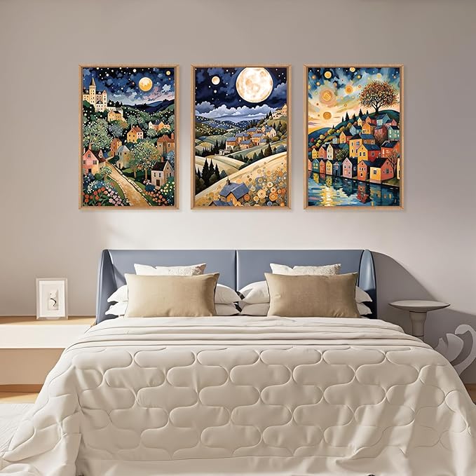 LHIUEM Large Abstract Colorful Framed Canvas Wall Art,Retro Night Village Wall Decor,Natural Moon Stars Wall Painting,Gustav Klimt Scenery Artwork for Living Room,Bedroom,Dining Room,Office -24"x36"x3