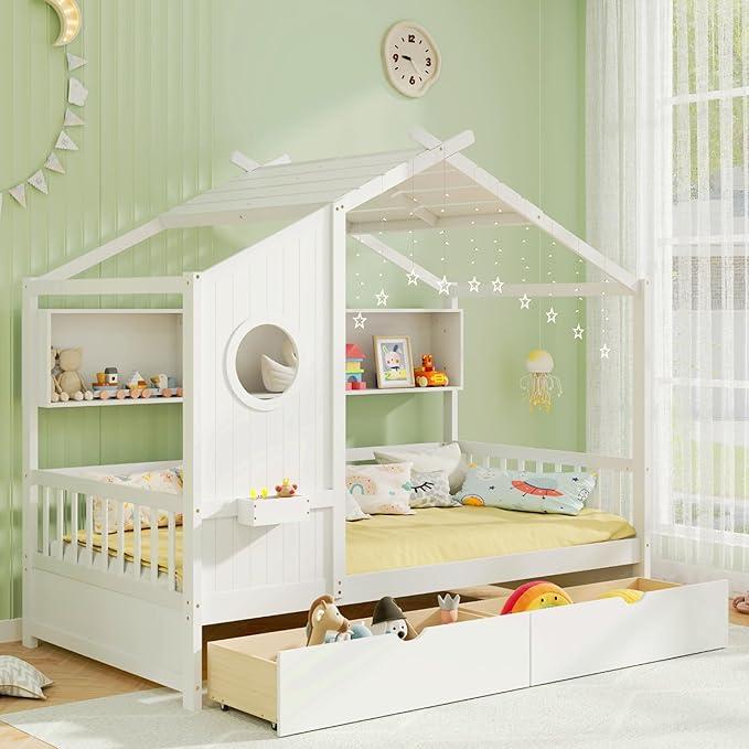 KOMFOTT Twin Size Wood House Bed with 2 Drawers, Wooden Bed Frame with Cube Storage & Fence Rails, Wooden Platform Twin Bed Frame with House-Shaped Roof for Bedroom, No Box Spring Needed (White)
