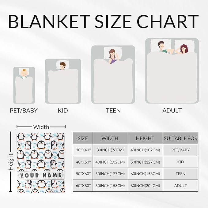 Personalized Penguin Gifts for Girls Kids - 40" x 50" Inches Cute Penguin Blankets for Teens - White Soft Lightweight Throws for Sofa, Crib & Bed