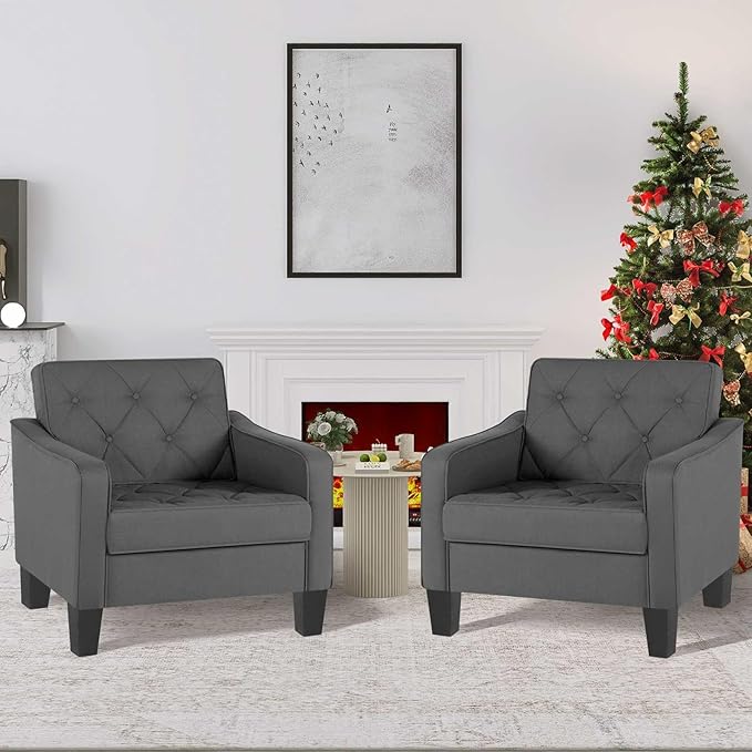 STHOUYN Living Room Chairs Accent Chairs Set of 2, Waiting Room Arm Chairs, Reading Chairs for Bedroom Comfy Club Chair Tufted, Office Small Space (2, Grey)