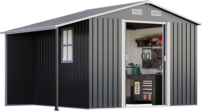 Jocisland 10.6x6.8x6.3 FT Outdoor Storage Shed with Sliding Doors, Two 4-Pane Windows, Open Design Outdoor Shed for Wood Storage, Dark Grey/White