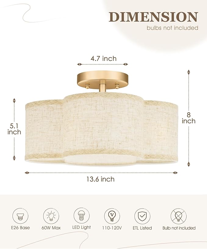 Gold Semi Flush Mount Ceiling Lights, 4-Light 14" Gold Light Fixtures Ceiling