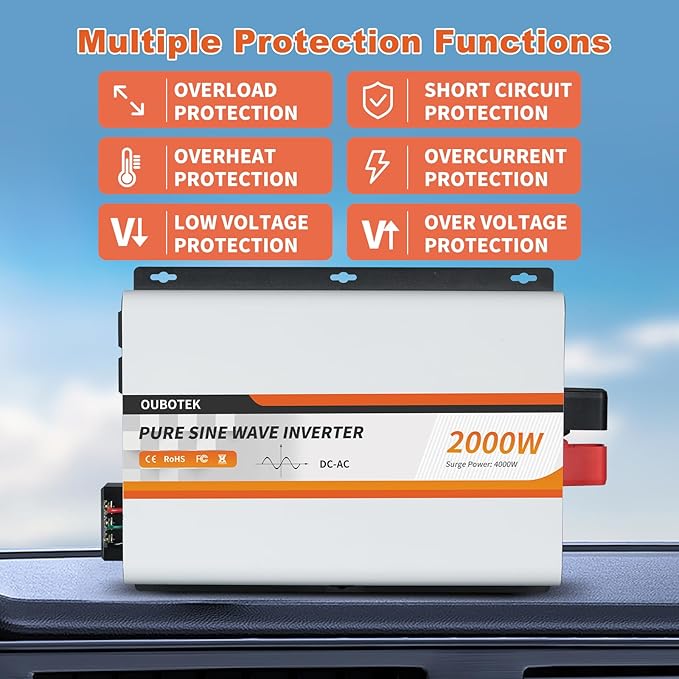 2000W Pure Sine Wave Inverter 12V DC to 120V AC Converter for Vehicles Boat Camping Outdoor Solar System, 2000 Watt Power Inverter with LCD Display, Remote Controller, USB Port, 4 AC Outlets