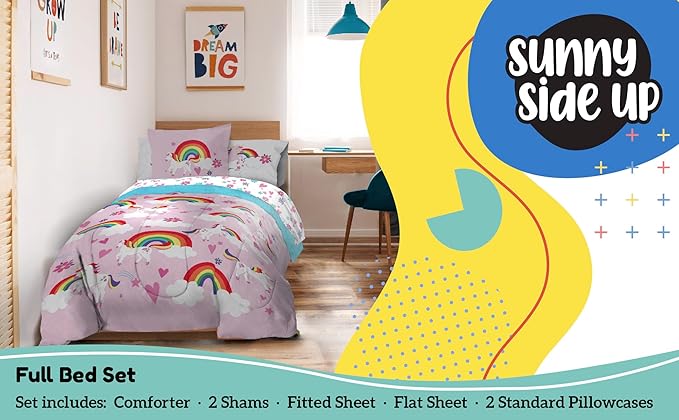 Sunny Side Up Rainbow Unicorns Full Comforter Set - 7 Piece Kids Bedding Includes Comforter, Sheets & Pillow Cover - Super Soft Pink Floral Microfiber Bed Set
