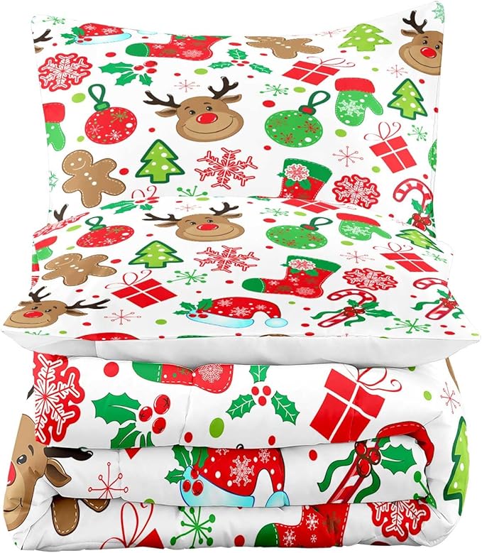 LUVIVIHOME 2PCS Christmas Comforter Set Twin Size, Boys Girls Kids Bedding, Cute Reindeer Snowflake Gingerbread Candy Cane Snowflake Holiday Christmas Bedding, Green Red White Quilt, 1 Pillow Sham
