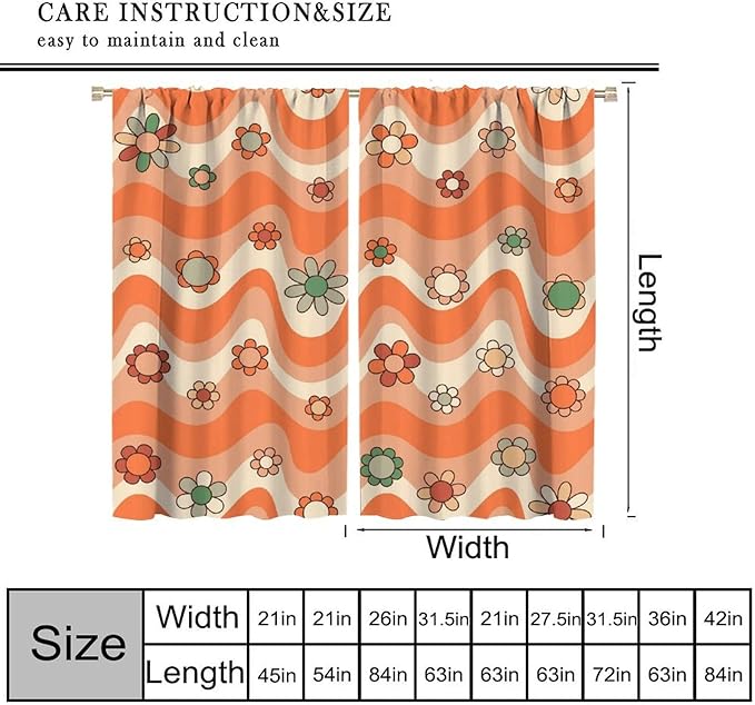 70s Boho Retro Curtains for Bedroom,Groovy Vintage Floral Rainbow Window Treatments Drapes for Kids Girls Window 63"" W X 72"" L, Style-6