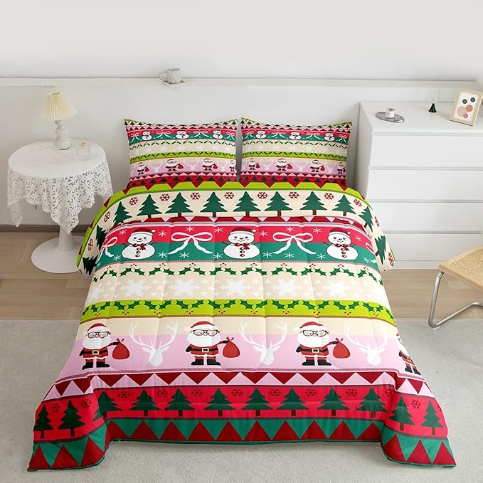 Feelyou Merry Christmas Tree Bedding Set Soft for Boys Girls, Cute Snowman Comforter Set Twin Size Santa Claus Duvet Quilt Microfiber Cartoon Bowknot Bedroom Decor 2 Pcs with 1 Pillow Cases