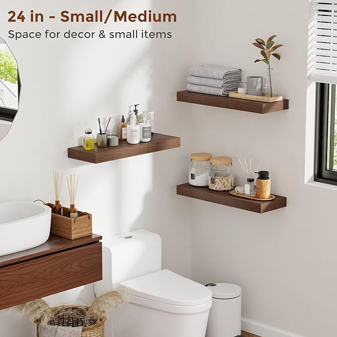 Heimlove 48 Inch Floating Shelves for Wall 8 Inch Deep Walnut Shelves Set of 2,Wall Mounted Rustic Wood Long Floating Shelf，Large Display & Storage Shelf with Invisible Brackets
